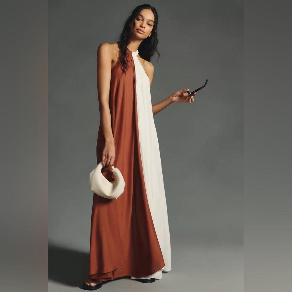 Anthropologie Two-Tone Halter Maxi Dress in Rust and Ivory